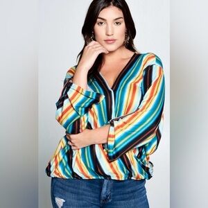 New!Plus Size Rainbow Brush Surplice 3/4 Sleeve Top Elastic Waist Size 1…